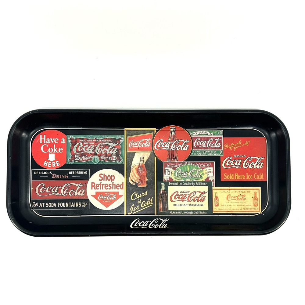Coca-Cola Vintage Sign Art Collage Metal Serving Tray 1995 Black Red 19x8.5
